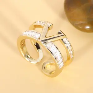 Stylish V-Shaped Cubic Zirconia Double-Layer Ring, Adjustable Open Design, Unisex, Suitable for Weddings, Parties & Daily Wear, Ideal Gift for Anniversaries & Mother's Day