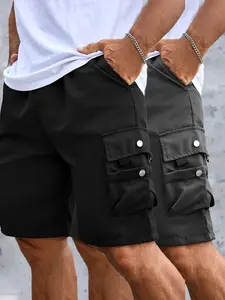 2pcs Of Men's Solid Loose  Waistband Multi Pocket Work Shorts, Suitable for Outdoor Work , Pants for Men, Summer Shorts for Men, Workwear Shorts, Casual Workwear, Sturdy Construction, Durable Fabric, Multipocket Shorts, Men's Workwear, Laborer Shorts