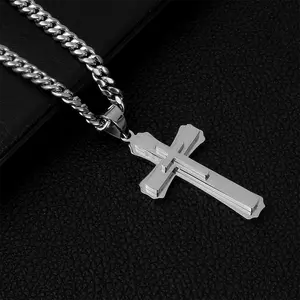Stainless Steel Cross Pendant Necklace - Men's Silver Cuban Chain, Christian Religious Jewelry, Hip Hop Streetwear Accessories