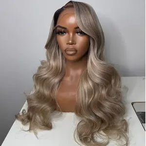 Ombre Brown Roots Ash Blonde Wigs Human Hair 13X6 Body Wave HD Transparent Lace Front Wig With Adjusted Strap Ombre Blonde Colored Lace Frontal Wig Pre Plucked With Baby Hair