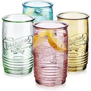Set of 4 original Mason Collins 20 oz assorted colored drinking glasses for juice, cocktails, and beverages; hand wash in cold water