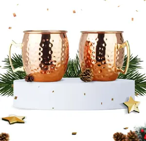 Set of 2 Large Hammered Mugs with Gold Brass Handle - 19 oz Capacity Stainless Steel Lining - Copper Plating