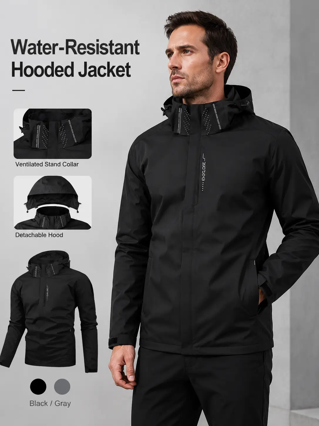 Men's Waterproof Windbreaker Jacket, Lightweight Hooded Rain Jacket with Full Zip Closure, Adjustable Hood Outdoor Shell Coat, Breathable Fitted Windproof Jacket for Hiking, Camping, Travel, Running and Daily Wear