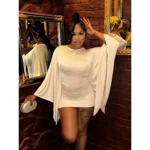 Sexy Bat Sleeve Dress Women Basic Classic Ruched O-Neck Stretch Skinny Coquette Midnight Party Club Peach Hip Bodycon