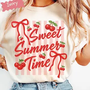 Sweet Summer Time Cherry Comfy Shirt, Retro Bow Graphic Tee, Striped Summer Top
