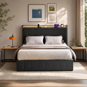Queen Size Velvet Lift Up Storage Bed, RGB LED Light Strip & USB Outlets, Hydraulic Lift Platform with Wood Slats, No Box Spring Needed