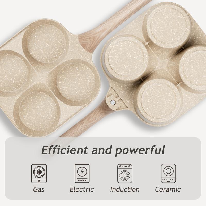 Non-stick Egg Frying Pan 4 Holes Skillet – Multifunctional 4-Cup Breakfast Maker, Medical Stone Marble Coating, Wooden Handle Pancake Omelet Burger Pan for Gas Induction Electric Ceramic Stoves