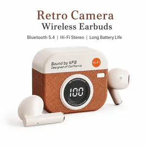 Retro Camera Style Wireless Earbuds, Bluetooth 5.4 Earbuds with Digital Display Case, 10mm Dynamic Driver, Touch Control, Clear Calls, Compact Earphones for Work, Music & Travel