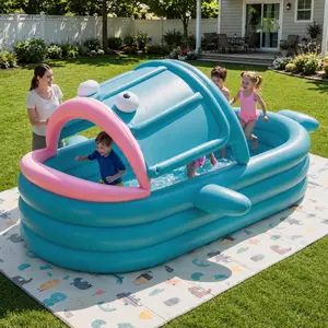 Inflatable Kiddie Pool with Canopy, Giant Fish Blow Up Pool for Kids Toddlers Adults, Thickened PVC Family Pool, 3 Air Chambers, 126"x86.61"x20.47" Backyard Summer Splash,garden tub