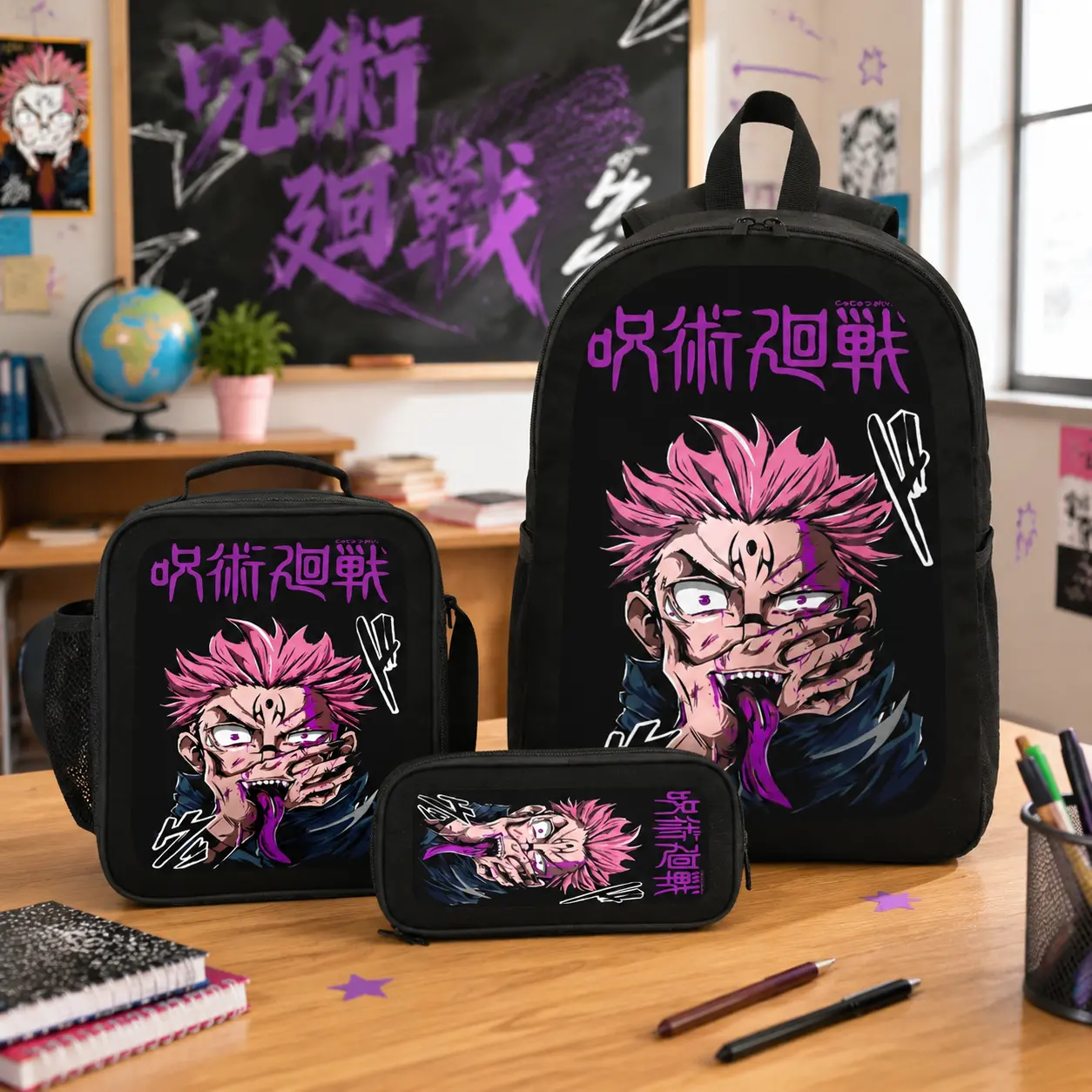 Jujutsu Kaisen Anime Backpack Set 3PCS Polyester School Backpack with Lunch Bag Pencil Case Lightweight Daypack Cartoon Style Bag for Teens Backpacks for School Women Men Custom Anime Gift Travel Bag Street Style Backpack