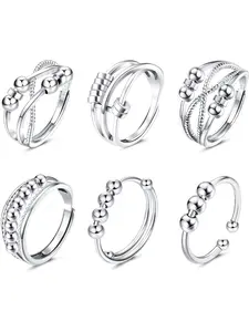 6 Pcs Anxiety Rings for Women Spinner Ring for Anxiety Adjustable Open Fidget Rings Rotatable Mood Rings Silver Bead Stress Relieving Rings Meditation Rings Anxiety Relief Rings Rotating Openwork Ring