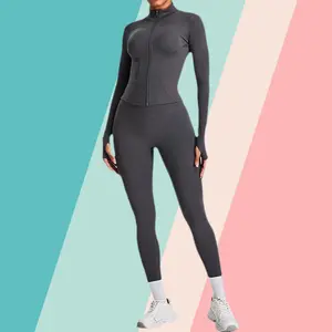 Long Sleeve Stand Collar Slim Yoga Jacket & High Waist Tummy Control Comfortable Yoga Tight Pants Outdoor Tennis Fitness Running Sport Suit for Women Lightweight Compression Sportswear