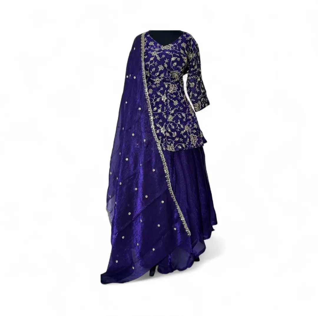 Traditional Violet Embroidered Salwar Kameez with Golden Bodice Embellishments & Coordinating Dupatta for Special Events
