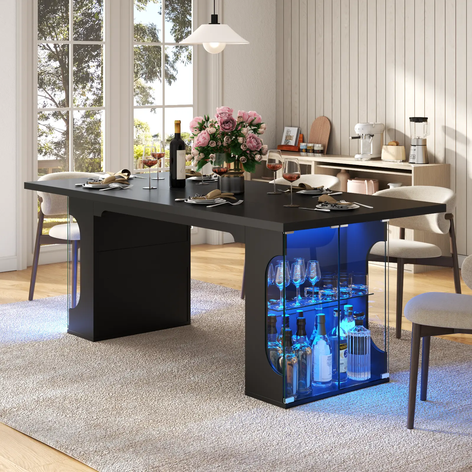 Gyfimoie 71" Large Dining Table with Glass Storage Cabinet & LED Lights, Large Kitchen Table for 4-8,Dining Room Table, Long Dinner Tables for Kitchen,Living Room(Black)