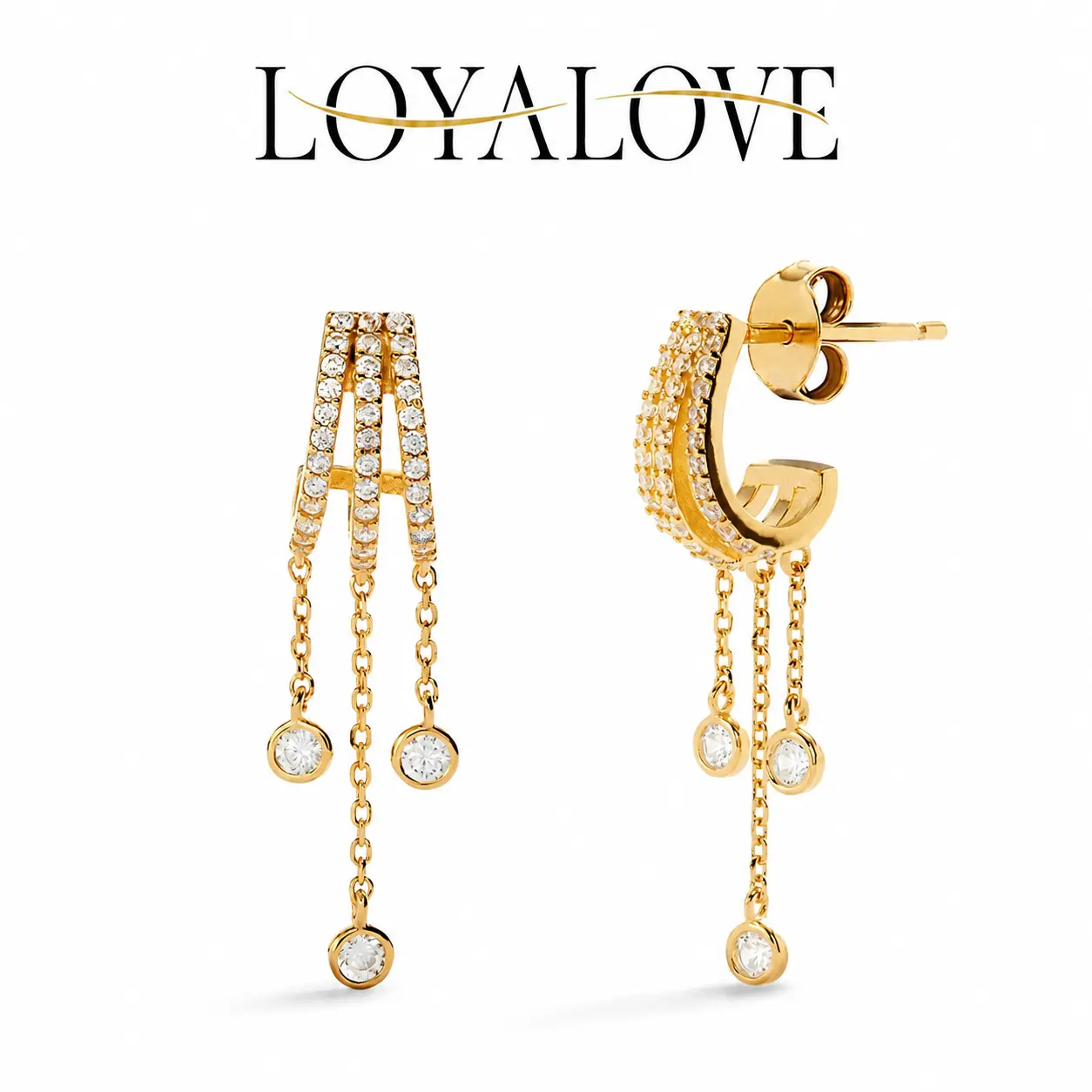 LOYALOVE 14K Gold Plated CZ Dangle Hoop Earrings for Women, Triple Layer Pavé Crystal Drop Earrings, Dainty Chain Tassel Statement Jewelry, Elegant Everyday Party Earrings