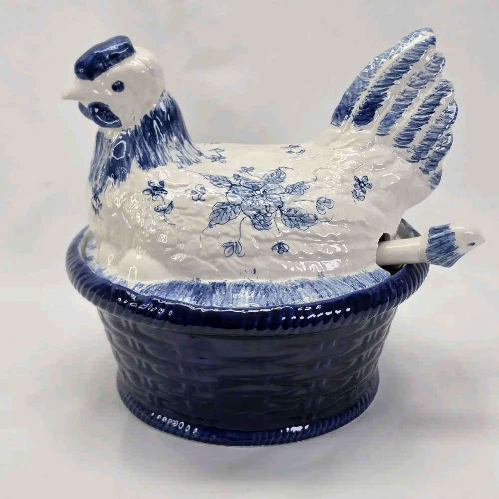 Vintage Blue & White Ceramic Hen-on-Nest Soup Tureen with Ladle