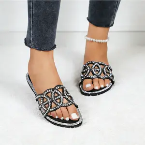 Women's Classic Flat Open-Toe Sparkly Glitter Rhinestone Slide Sandals, Elegant Slip-On Footwear, Comfortable Summer Shoes for Wedding Party, Daily Wear,summervibes