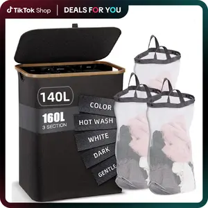 160L 3-Section Laundry Hamper with Lid, Sturdy Handle Dirty Clothes Basket for Home
