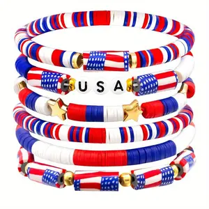 6pcs Red, White and Blue Bracelets, American Flag Beaded Stackable Bracelets Independence Day Bead Multi-layer Bracelet Bohemian Handmade Beaded Stretch Bracelet Jewelry Set