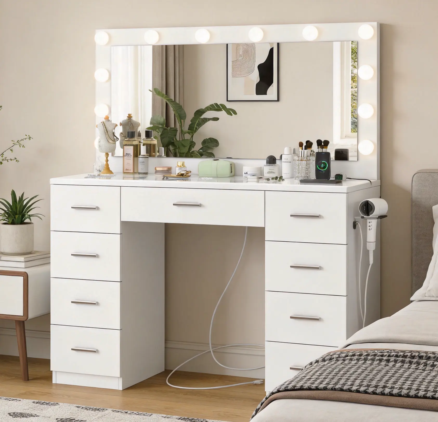 Fabiula Lighted Vanity Table - Modern Glass Desktop Stylish Full-Size Luxury High-Brightness Makeup Vanity Desk with 9 Drawers, 12 LED Lights, Large Flexible-Lighting Mirror for Bedroom Indoor Furniture, Stylish Makeup Vanities,dorm essentials,home decor