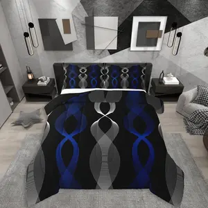 Feelyou Blue Black Abstract Bedding Set - Soft Lightweight Blanket with Stripe Pattern, Ombre Geometric Striped Comforter Quilt for Men’s Bedroom