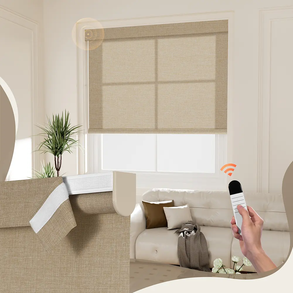 Pocageum Cordless Motorized Roller Shades with Remote Control, 28mm Tube, Light-Filtering Valanced Custom Blinds, No App Needed, Made-to-Order (21"-60"W x 72"H) for Bedroom & Living Room