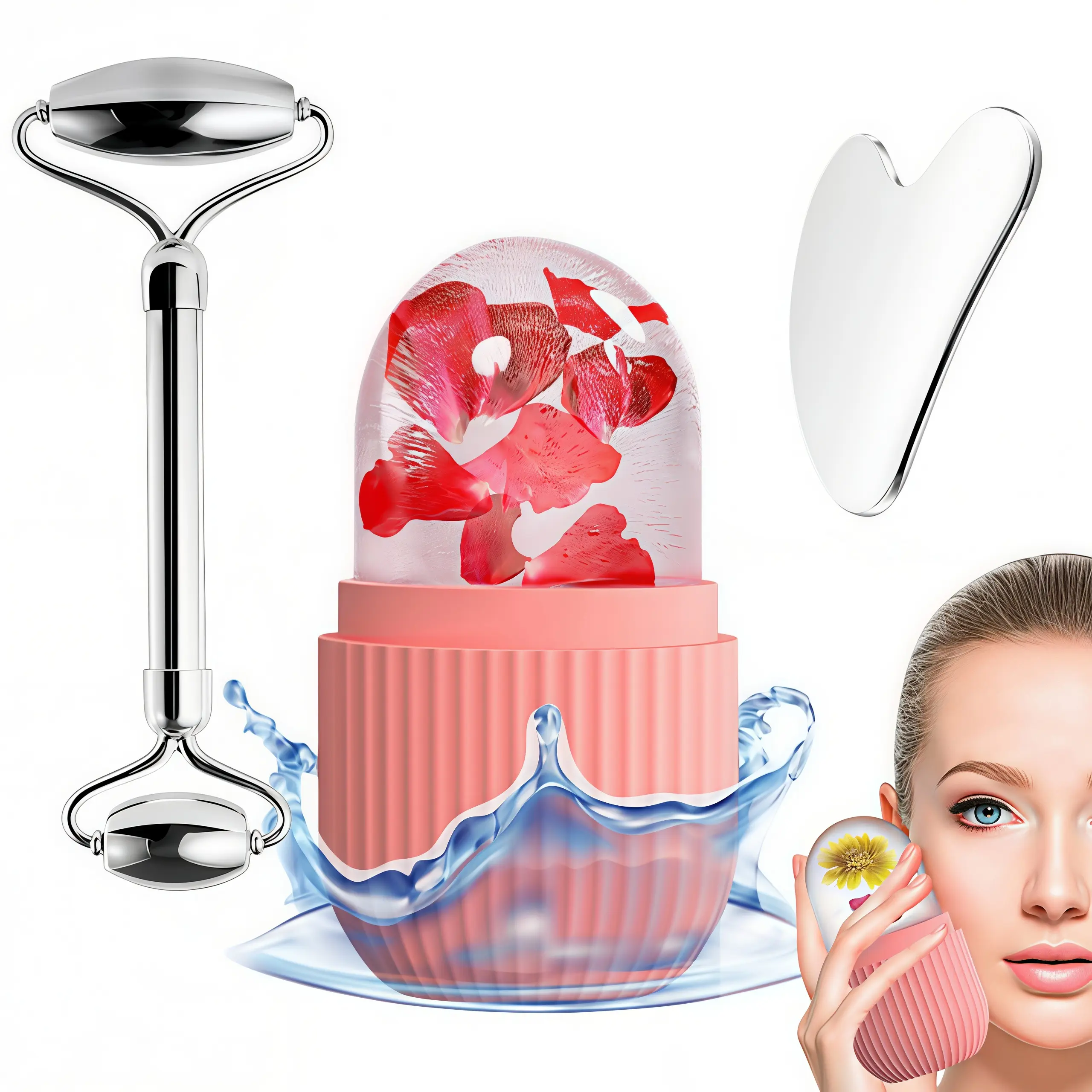 LMMAKE 1SET 3-in-1 Facial Beauty Instrument Kit - Stainless Steel Face Roller, Gua Sha & Gentle Silicone Ice Mold Therapy Tool for Face Lifting, Puffiness Relief, Sensitive Skin