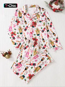 Women's Christmas Theme Long Sleeve Sleepwear Set, Casual Fitted Pajamas & Home Wear Loungewear Outfit, All-Over Printed Design, Spring/fall Season