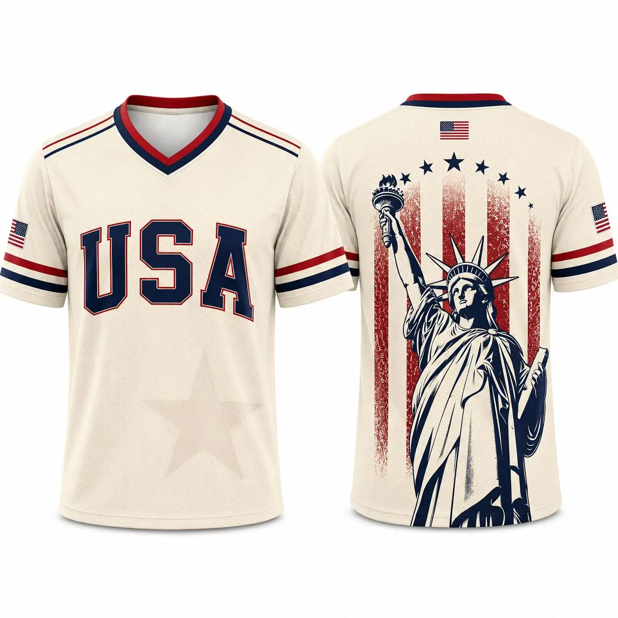 2026 USA-Inspired Unisex Relaxed Fit Regular & XXXXL Casual Sports Jerseys - Navy V-Neck Breathable Patriotic Football Shirt, Button-Design with Statue of Liberty, American Flag, 4th of July Fan Top, Machine Washable, Hiking/Light Outdoor Apparel