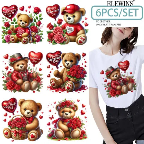 6 Pcs Teddy Bear Heart Iron-On Transfer Stickers, Handmade Embellishments, DIY Clothing Decorations for T-Shirts, Jeans, Hats, Backpacks, No Sewing Required, Gift, Diy Decoration Set, Diy Craft Supplies, Diy Crafts Supplies