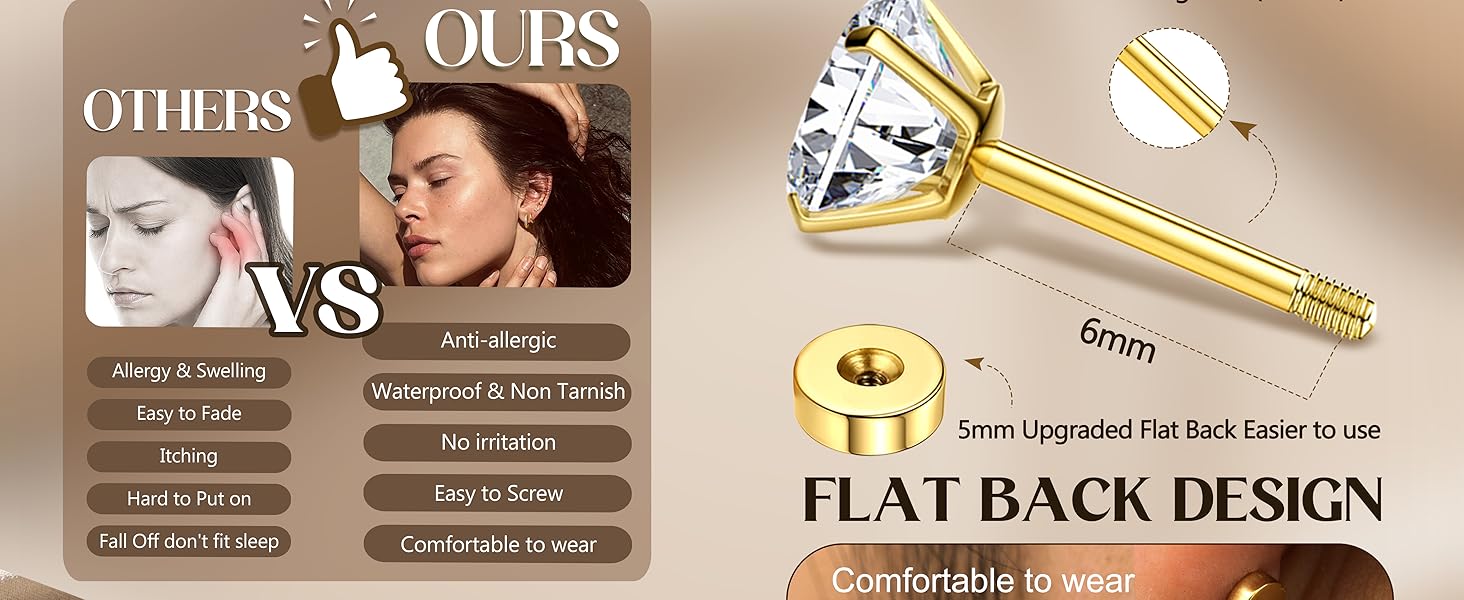 LOLIAS Flat Back Earrings for Women-Hypoallergenic 316L Surgical Steel Earrings Stacks Set-14K Gold Plated Small Stud & Hoop Earrings Cartilage Tragus Helix Piercing Jewellery