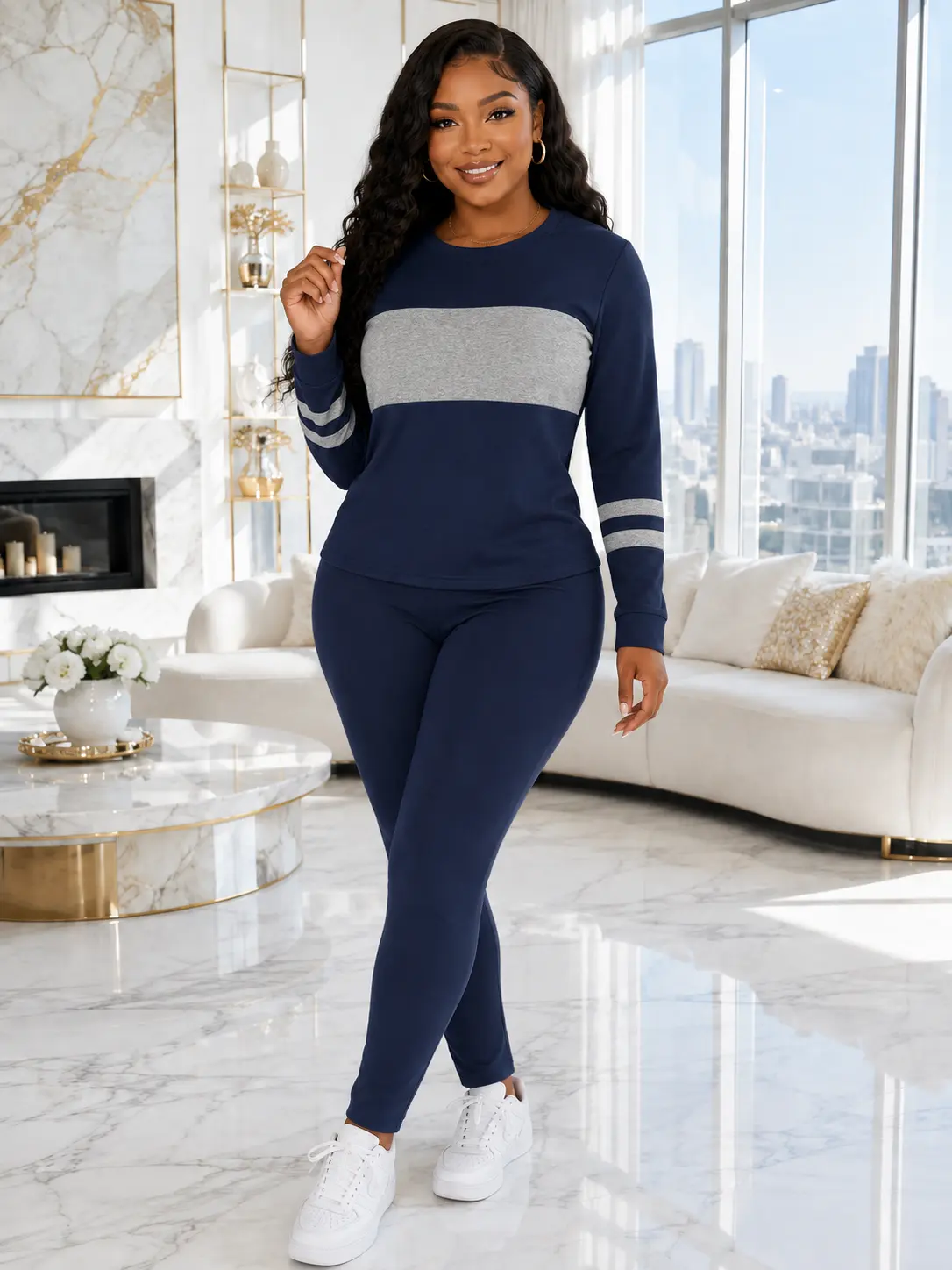 Women's 2-Piece Knitted Lounge Set - Full Sleeves Crew Neck Pullover with Elastane Fitted Pants, Casual Solid Everyday Pullover Pants Set Crewneck Womenswear