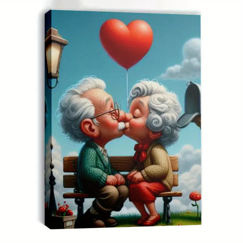 A Charming Old Couple Canvas Wall Art - Romantic Heart-Shaped Balloon Design, Suitable for Bedroom, Living Room, Office Decoration - Perfect Christmas, Valentine's Day, New Year Gift, Couple Wall Art