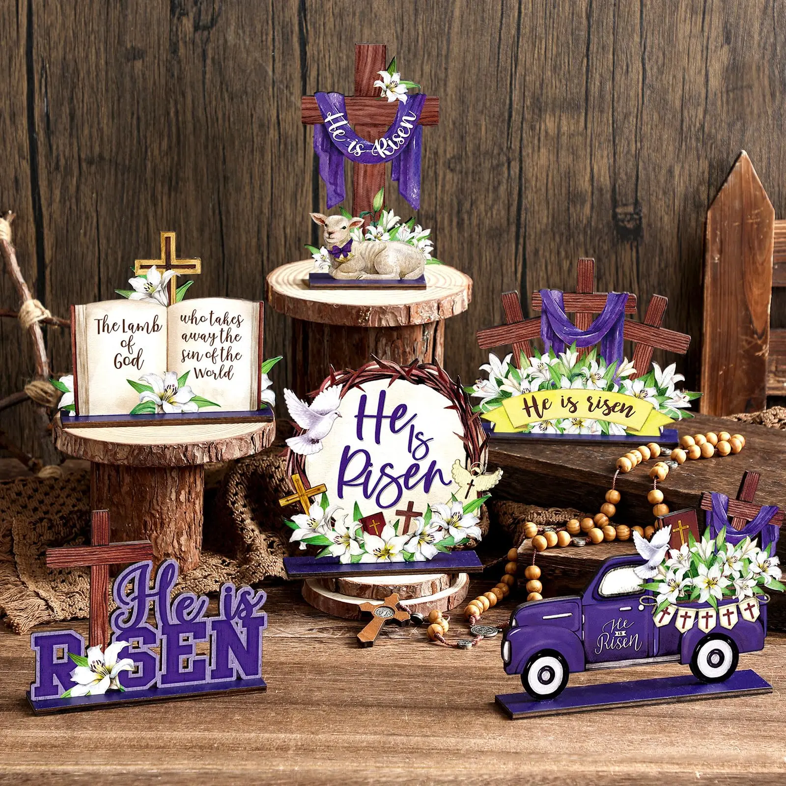 Father's Day Gifts to Remember Deceased Relatives Empty Tomb Decor Celebration of Life Decorations He Is Risen Table Decor Christian Wood Resurrection Centerpiece Jesus Cross Tiered Tray Father's Day Home Church in Memory Express longing to Deceased