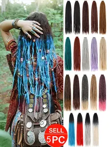 24/36 Inch Synthetic Braided Hair Extensions, 5 Strands, Boho Style Single End Dyed Gold//blue, Curly Dreadlocks for Women
