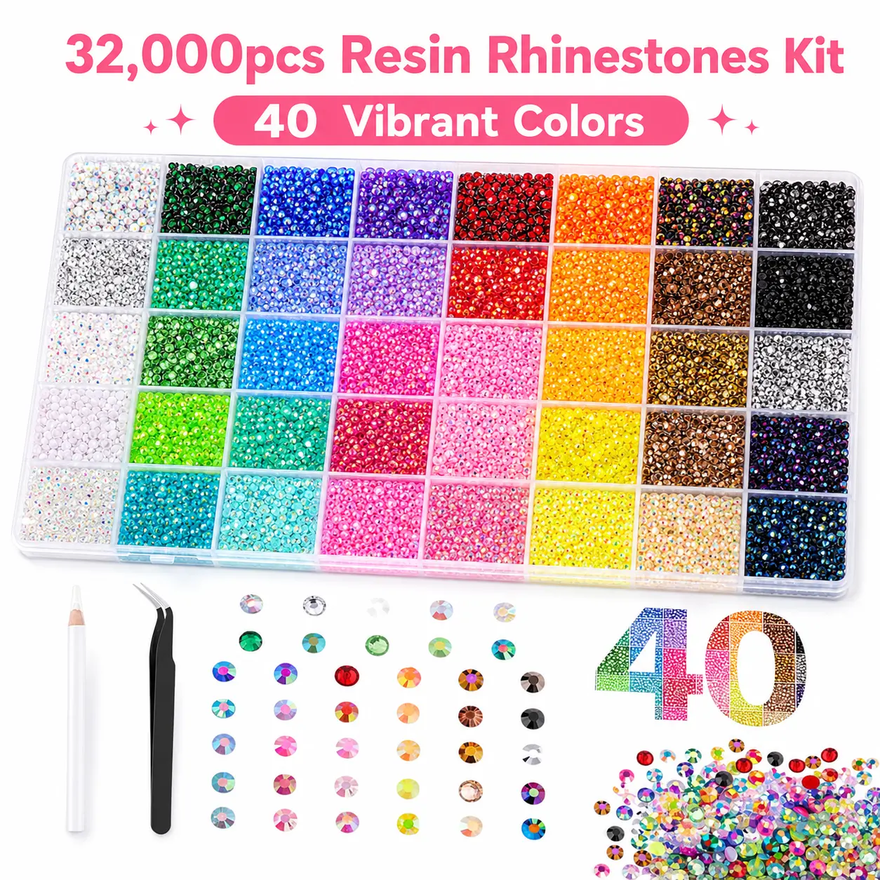 Nail Art Set, Multi-Pack Bedazzling Kit with 32000 Pcs 3mm Flat Back Rhinestones, 40 Grids High Shine Resin Gems & Tools for DIY Decoration