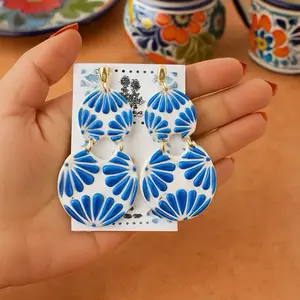 Talavera Style Clay Earrings - Blue and White Floral Design Handcrafted Clay Jewelry