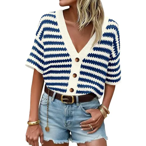 Saodimallsu Womens Short Sleeve Striped Cardigan Sweaters Crochet Knit Button Down Shirts V Neck Spring Summer Tops Casual Knitwear Womenswear Elegance Fit Suits