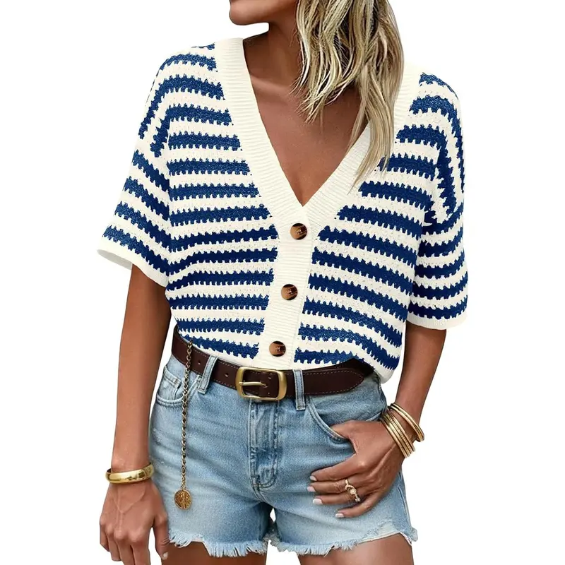 Saodimallsu Womens Short Sleeve Striped Cardigan Sweaters Crochet Knit Button Down Shirts V Neck Spring Summer Tops Casual Knitwear Womenswear Elegance Fit Suits