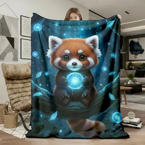 1pc Enchanted Red Panda Glowing Orb Flannel Fleece Throw Blanket, Animal Blankets, Super Soft Warm Plush Cozy Bedding for Couch Sofa Bed, Adults Home Decor