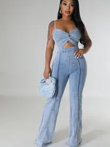 Acid Washed Spaghetti Strap Denim Jumpsuit with Twist Knot peekaboo front