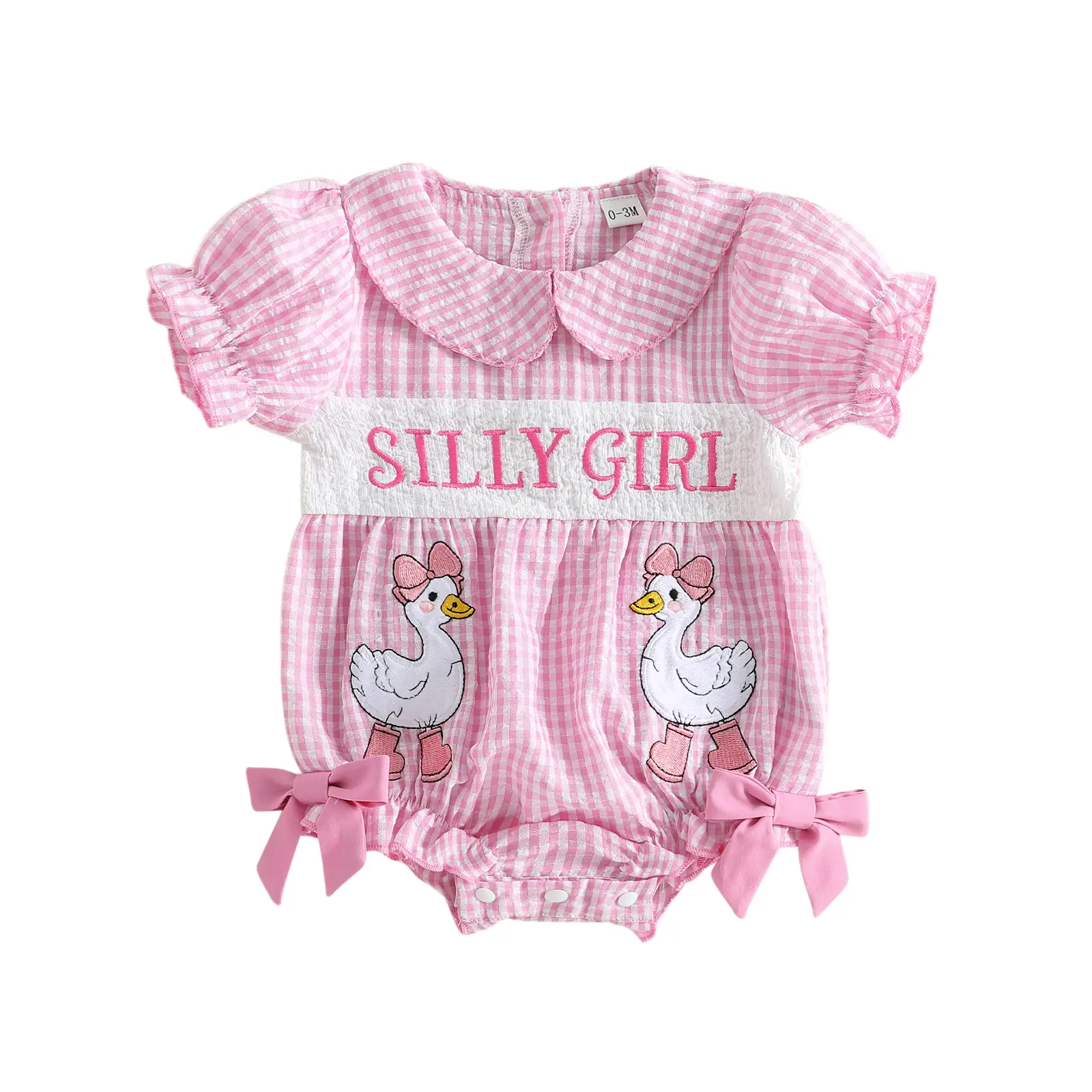 Infant Baby Girl Bubble Romper Puff Short Sleeve Cute Goose Letters Embroidery Plaid Print Jumpsuit 0-18 Months