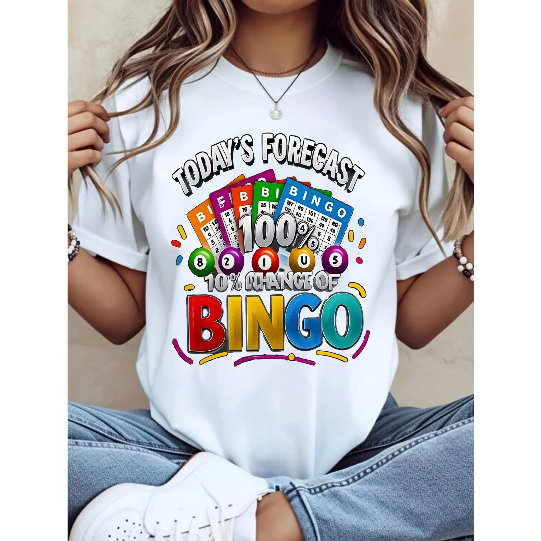 Women's T-Shirt with '100% Chance of Bingo' Graphic, Casual Short Sleeve Essential Top in Breathable Cotton, Gift for Bingo Lovers, Shortsleeve, Tee, Tops, Style, Oversized, Simple, Fabric, Bingo Theme