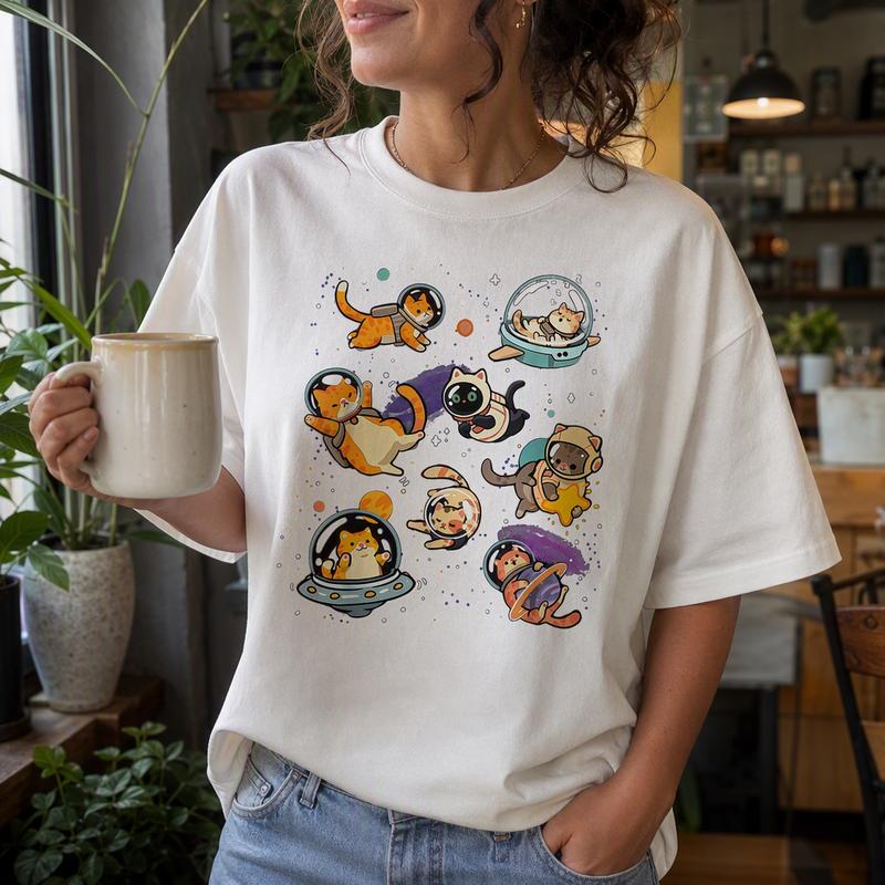Women's 100% Cotton Loose Casual Round Neck Plus Size T-Shirt - Graphic Print Astronaut Space Cats, Galaxy Theme Cute Top