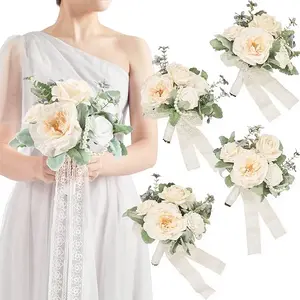 TINGE TIME Artificial Bridesmaid Bouquets for Wedding, Set of 4, 9in Bride Tossing Bouquet for Wedding Ceremony Bridal Shower Rehearsal Dinner Vintage Party (Soft White) Decor Decorative