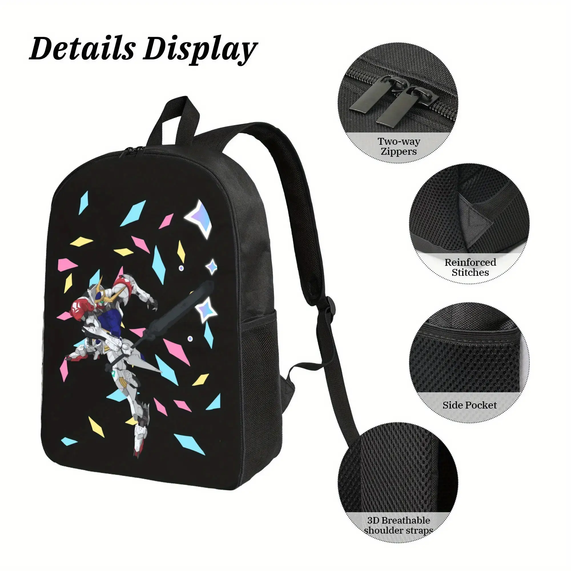 Large Capacity Backpack with Cute Robot, Stars & Confetti Design - Lightweight School Bag, Self-Adjusting Shoulder Straps, Zipper Closure Compartments - Perfect for College, Travel, Commuting - Anime/Manga Fans Gift, College Essentials, Playful Print, Dur