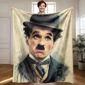 1 piece Classic portrait of Charlie Chaplin in his iconic black bowler hat attire themed flannel blanket - All-season comfortable flannel blanket, modern design style, suitable for sofas and beds, digitally printed pattern, super soft and warm