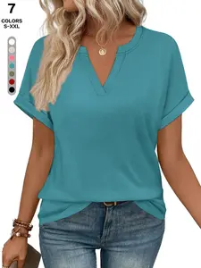 Women's Casual Plain V-Neck Fitted T-Shirt, Slimming Design for Home & Outdoors, All Season Wear, Single Piece Ladies Top