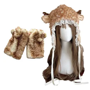 Cartoon Head Wrap Furry Deer Soft Thicken Leg Warmer for Women Outdoor Wear Lace Brim Holiday Party Photo Props