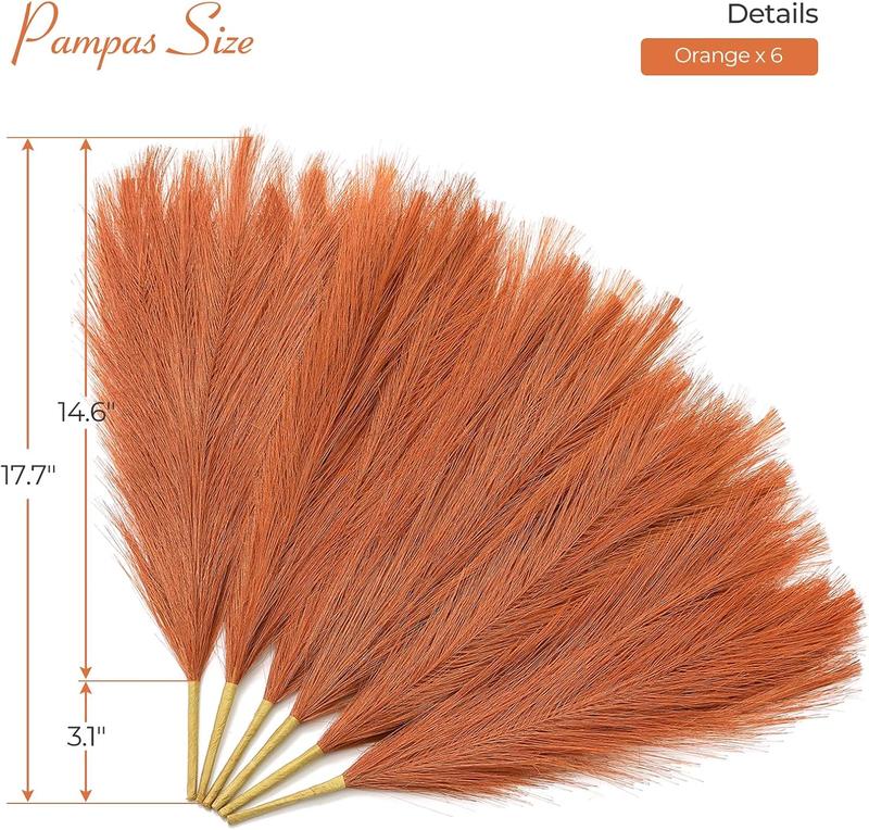 Pampas Grass Decor 17.7 Inch 6 Pcs Orange Faux Burnt Orange Pampas Fall Boho Decor for Home Living Room Decor